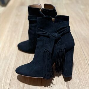 Aquazurra Black Suede Fringe Tie Ankle Boots sz 38